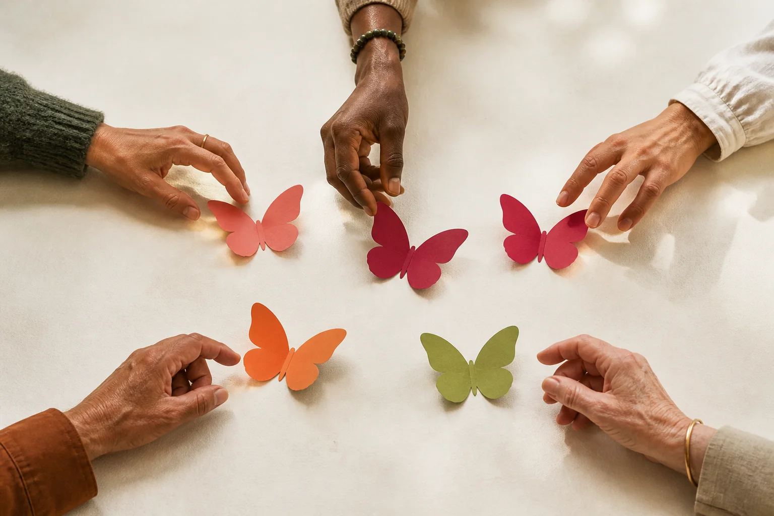 Five people reaching for five handcrafted butterflies