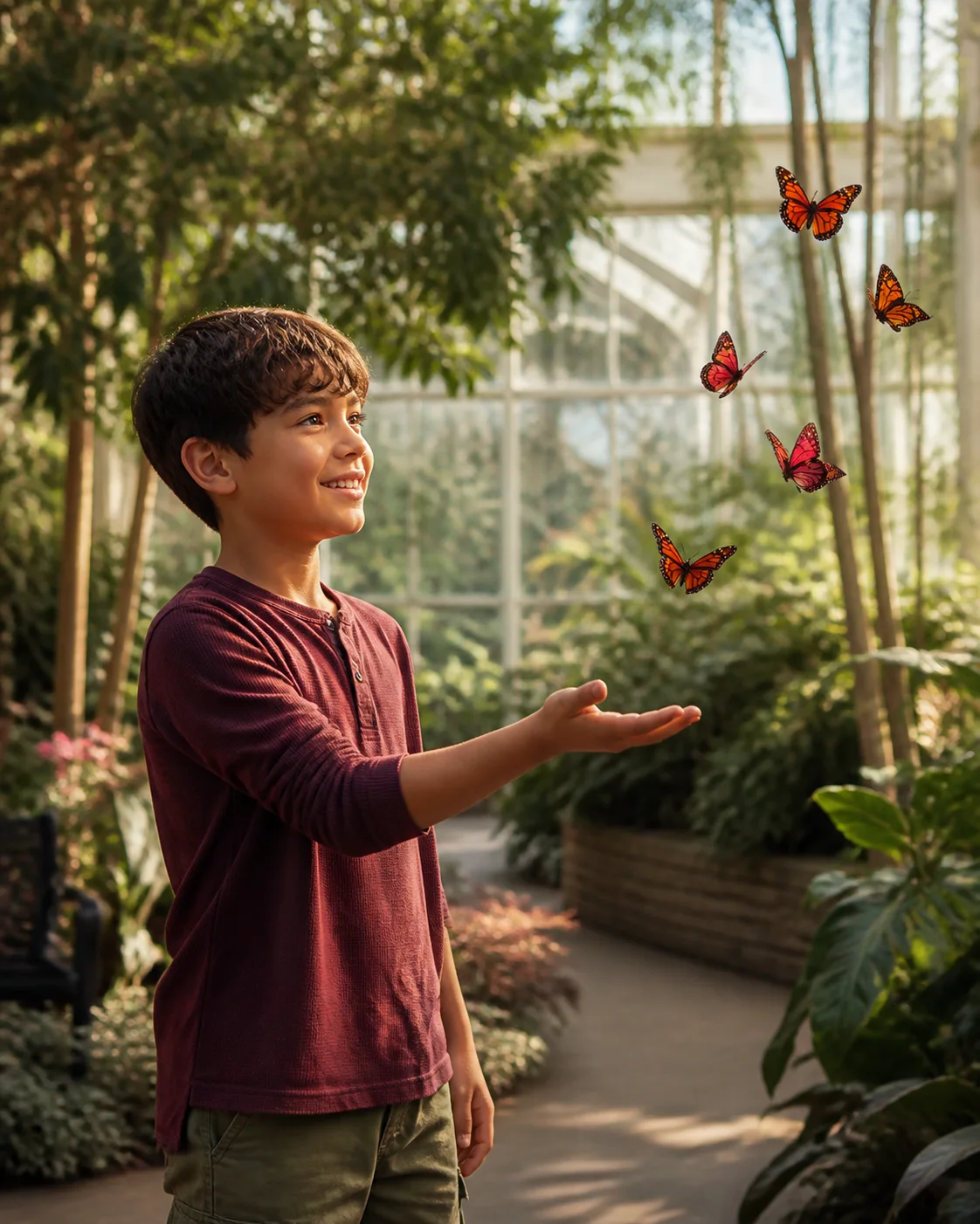 A child watching five butterflies rise in a sunlit garden